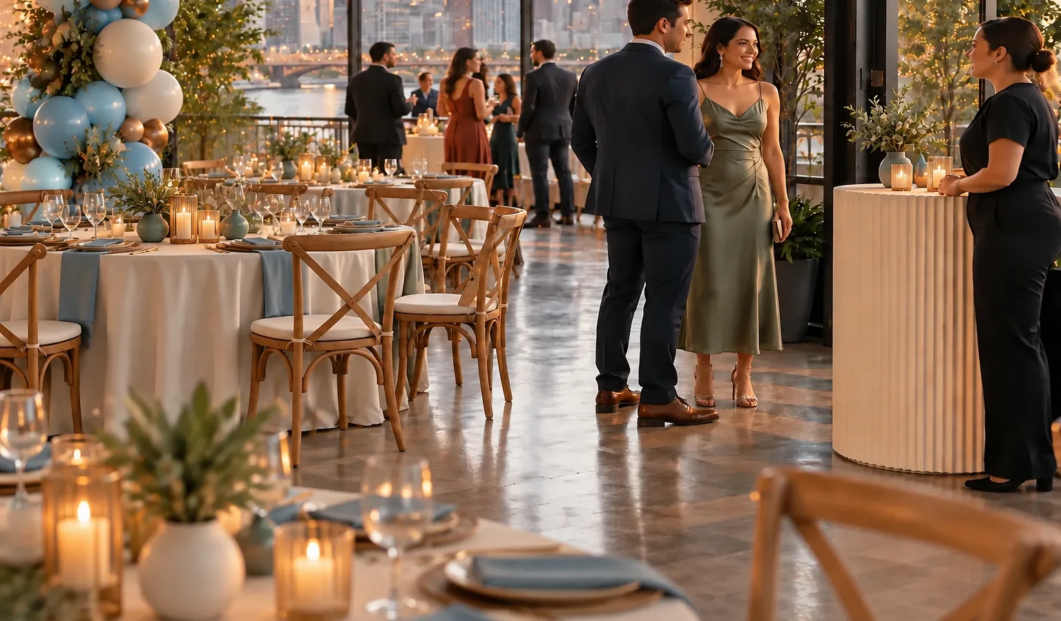 Modern Chicago event space with coordinated linens, sculptural balloons, candlelit tables, and a styled welcome area