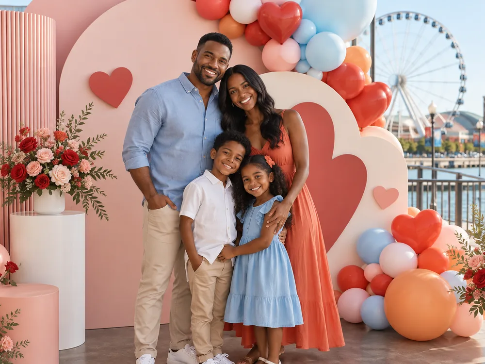 Modern photo backdrop with layered panels and a restrained balloon palette arranged for uncluttered group photos