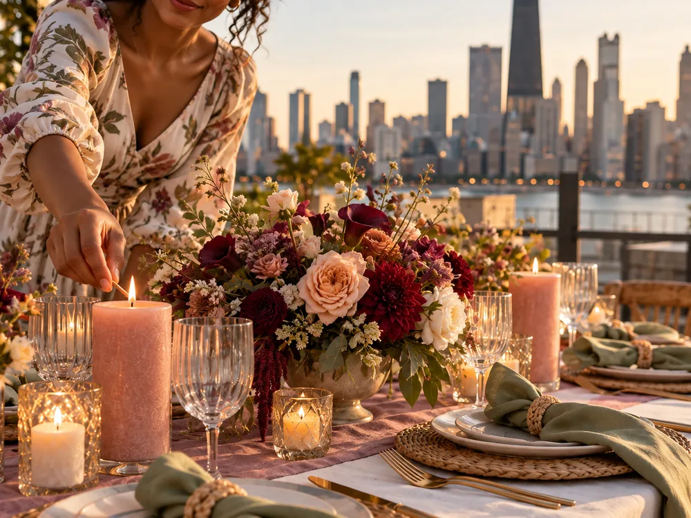 Detailed event tablescape with coordinated linens, place cards, candles, and conversation-friendly centerpieces