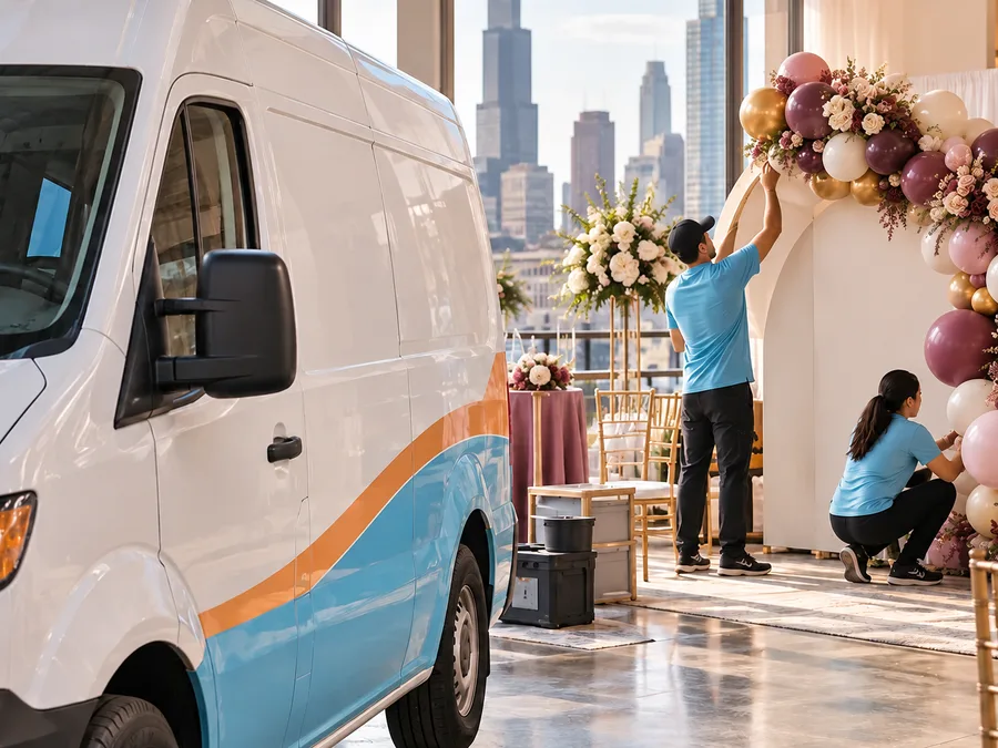 Decorator team adjusting a backdrop frame and balloon installation inside a Chicago venue