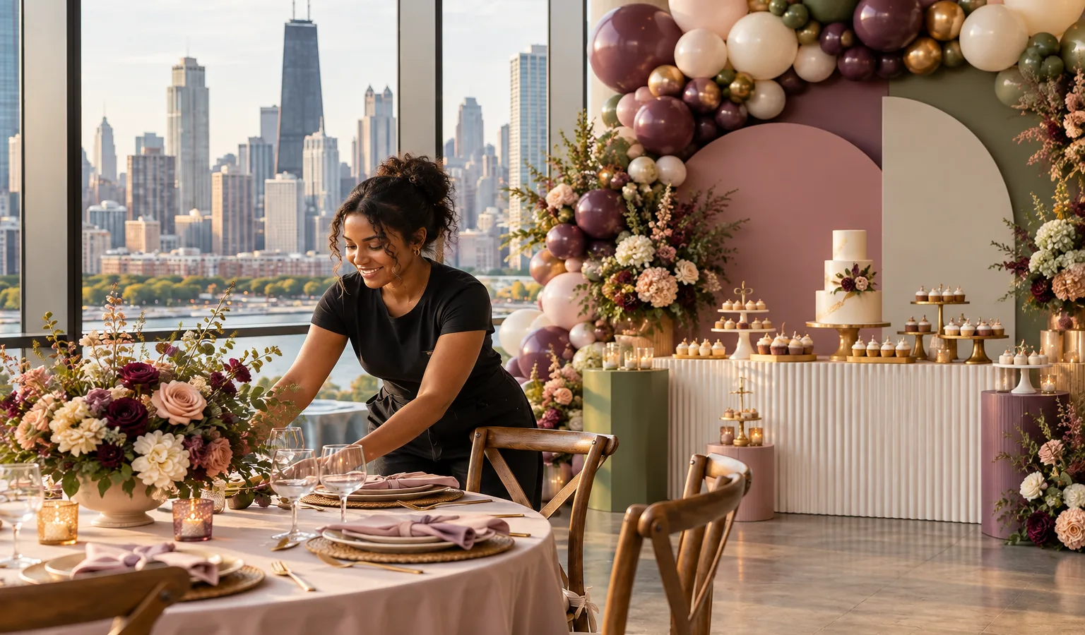 Professionally styled Chicago party with balloon garland, backdrop wall, dessert table, and coordinated linens