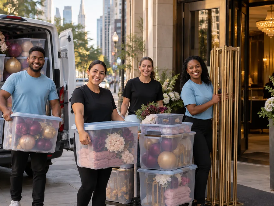 Chicago decorating team with packed decor bins and backdrop frames before venue setup