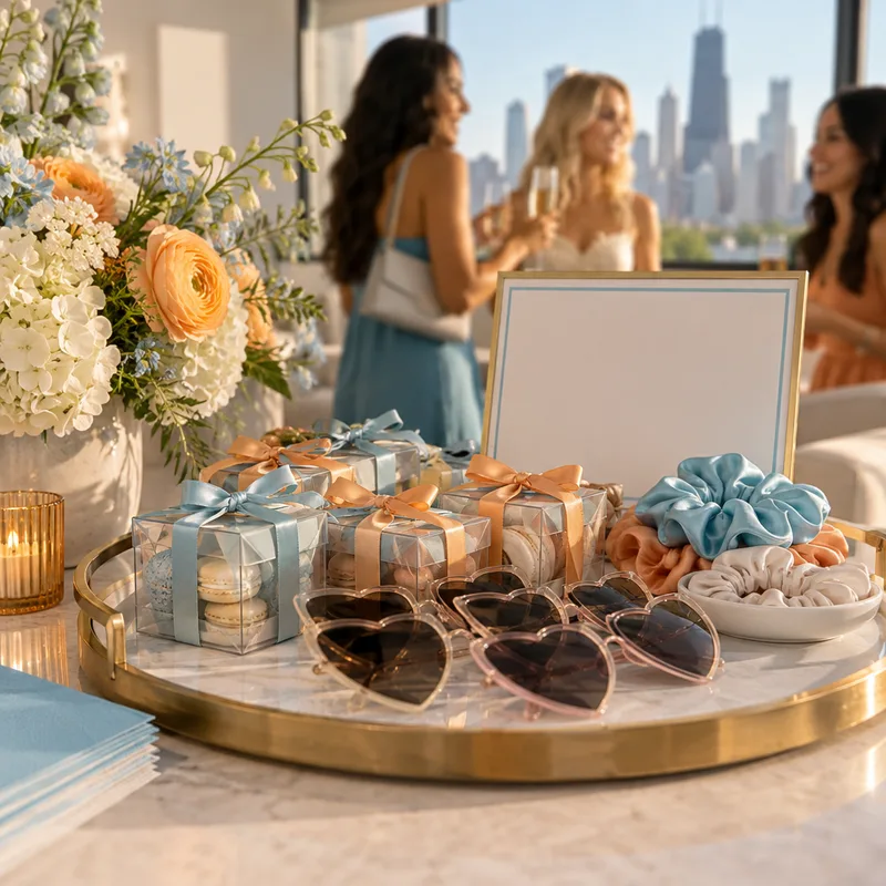 Close-up of coordinated bachelorette favors and signage arranged on a styled guest-arrival tray