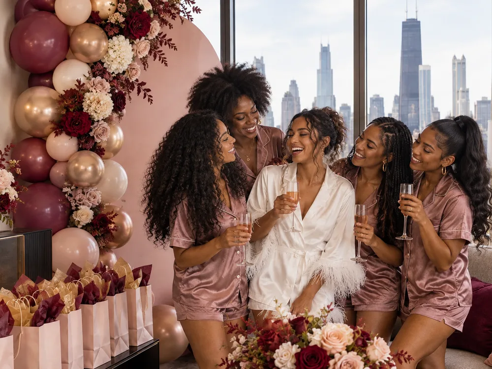 Bachelorette welcome vignette with themed sign, coordinated balloons, gift bags, and a photo-ready backdrop in a Chicago hotel suite