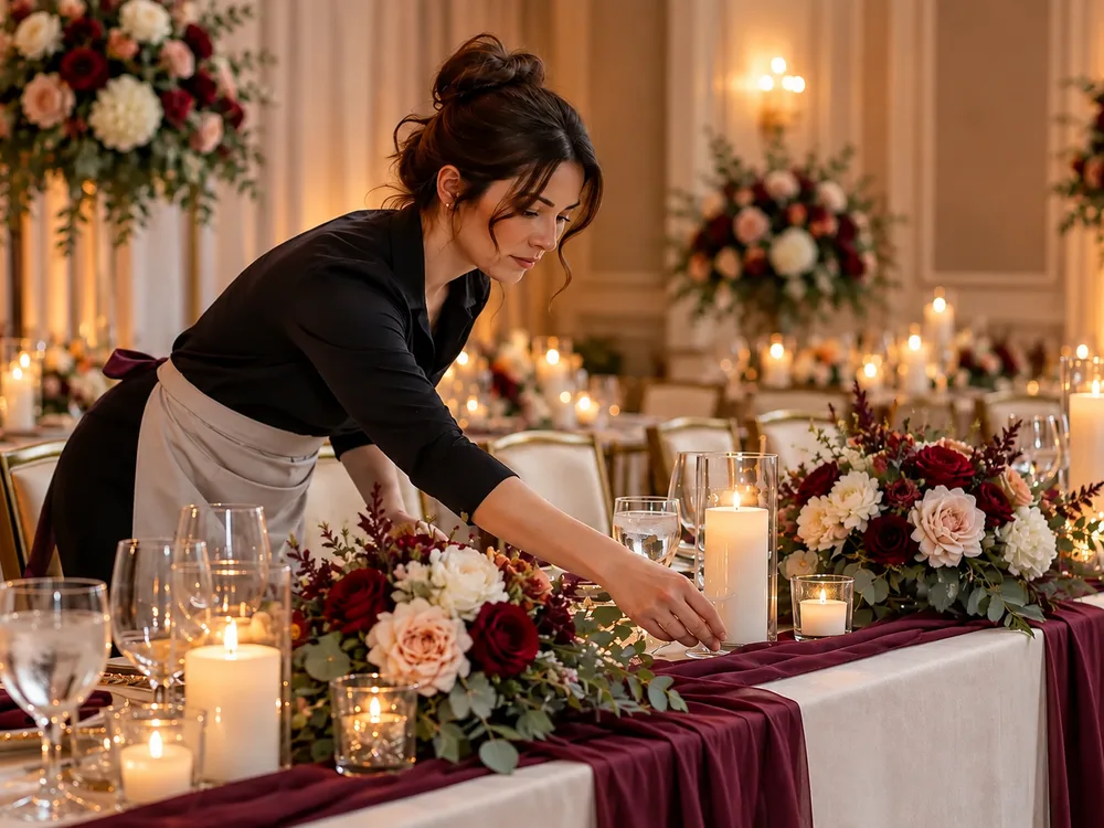 Detailed wedding tablescape with place settings, signage, and conversation-friendly centerpieces