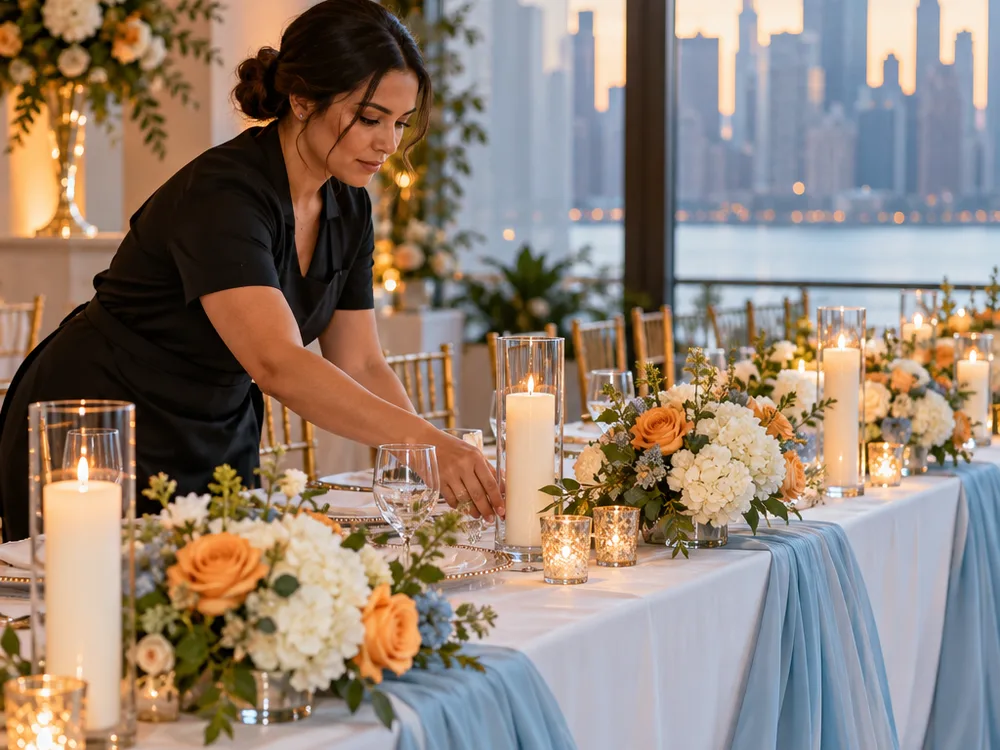 Wedding ceremony focal point with layered floral arrangement and coordinated backdrop styling