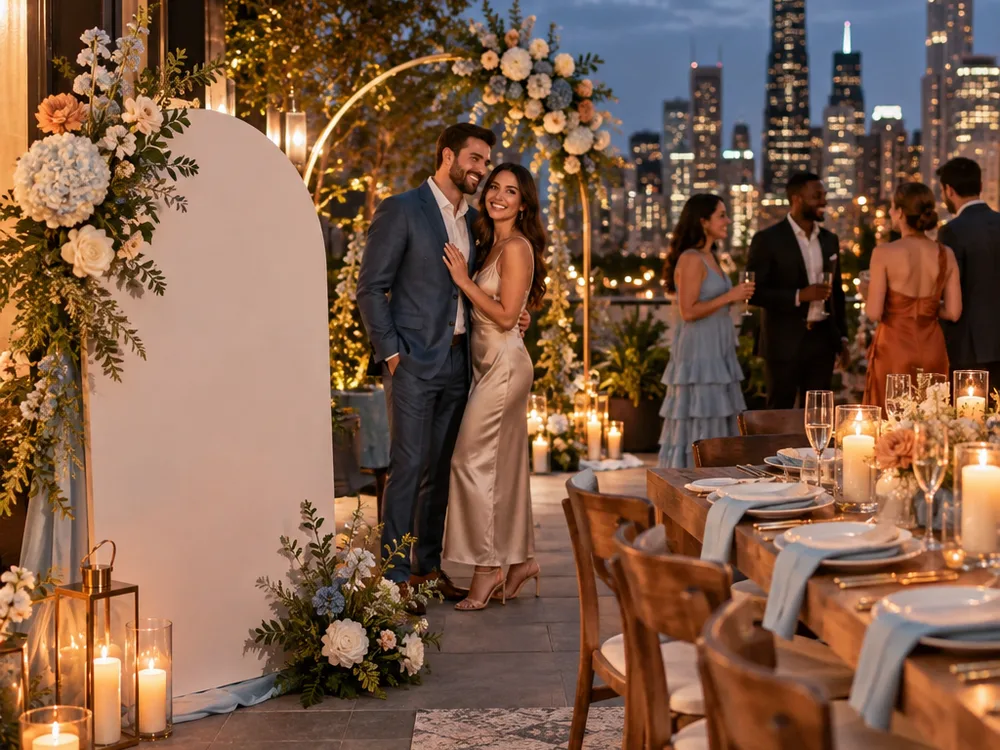 Engagement party with a welcome sign, candlelit tables, and a defined photo area designed for low-light pictures